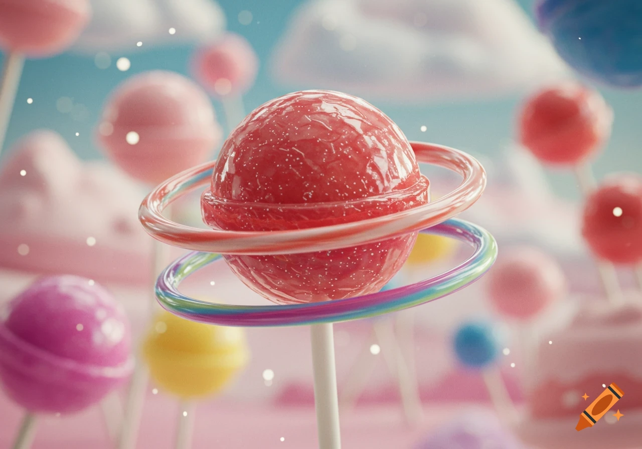 A whimsical red planet-like lollipop with candy rings, surrounded by other colorful lollipops and pink clouds against a blue sky.