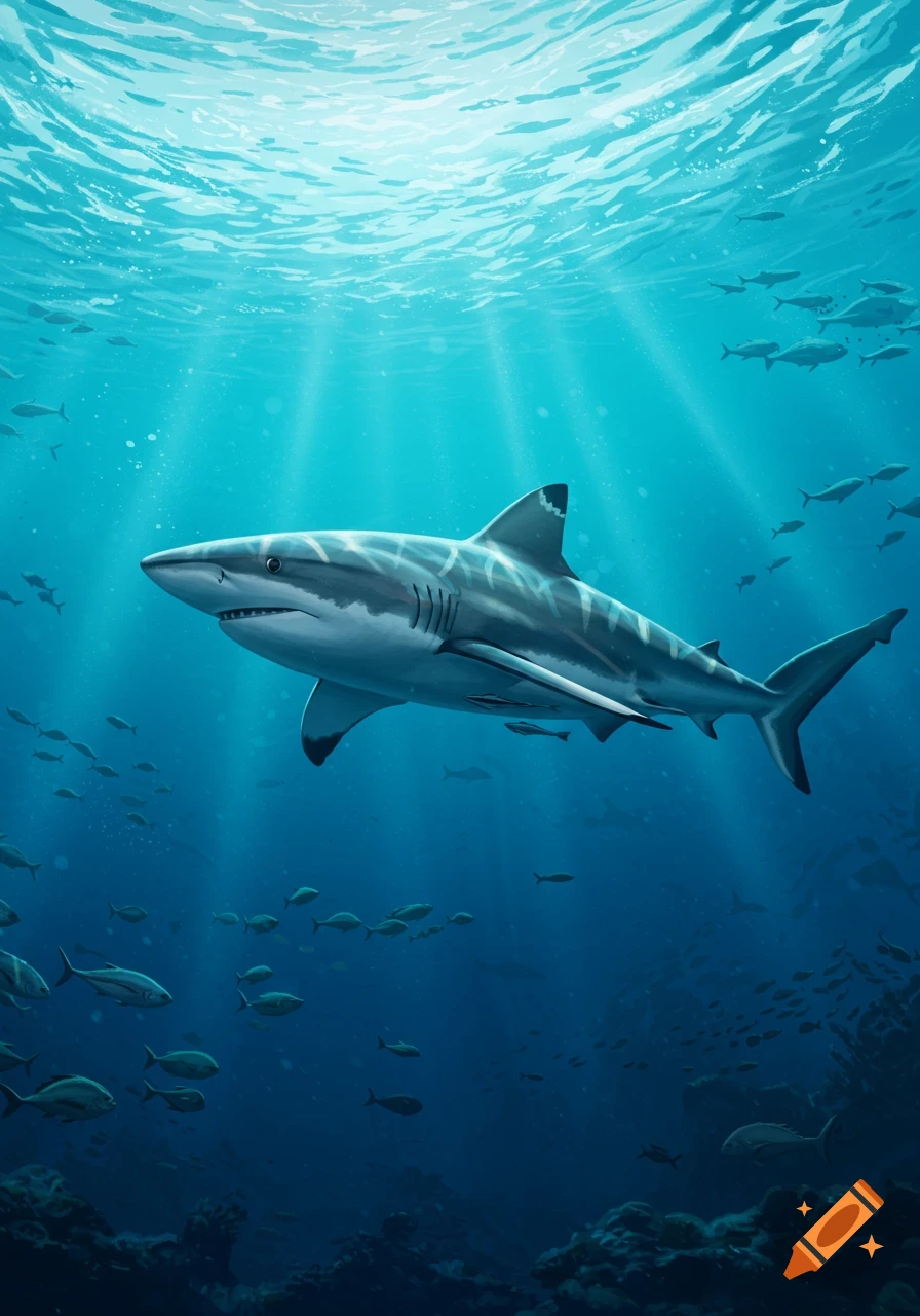 An oceanic whitetip shark swims through sunlit blue ocean water, surrounded by schools of small fish.