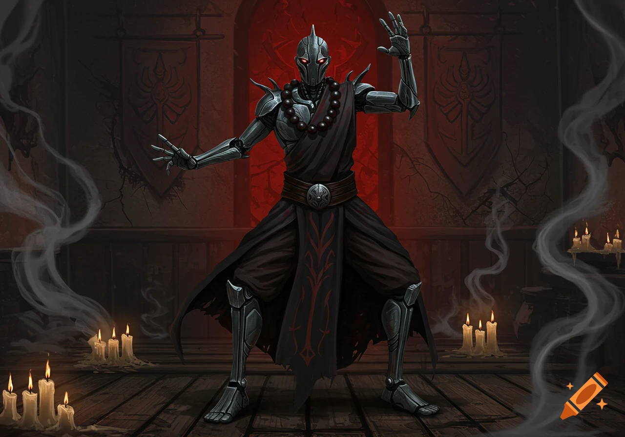 A stylized warforged monk character in a dark, eerie temple with red lighting, smoke, and burning candles, striking a dramatic pose.