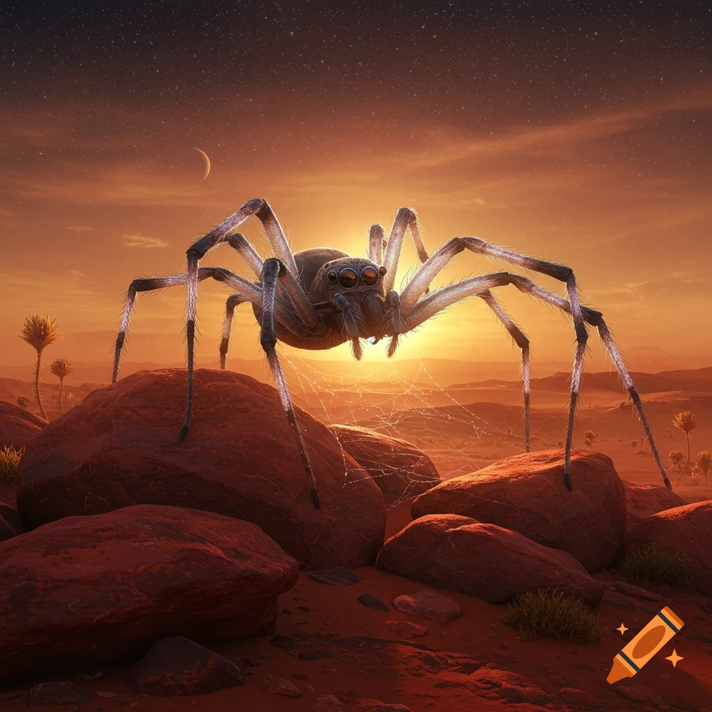 A large, photorealistic spider sits on red rocks in a Martian desert landscape under an orange sky with a crescent moon.