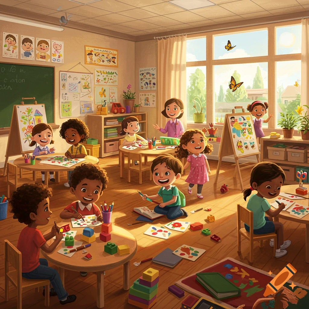 A vibrant illustration of a diverse group of young children playing and learning in a sunlit classroom.
