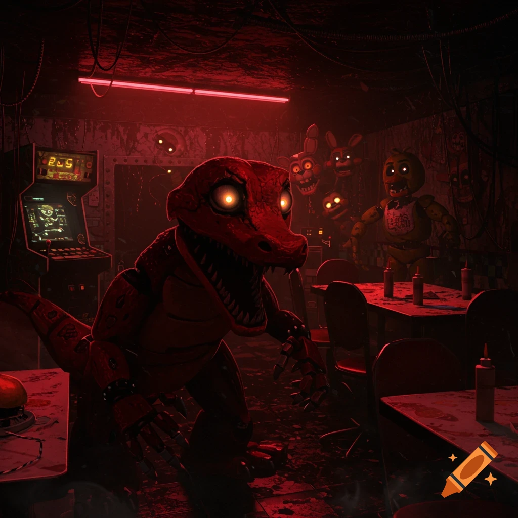 A red animatronic lizard with glowing eyes stands in a dark, red-lit room with other animatronics and arcade machines in a horror style.