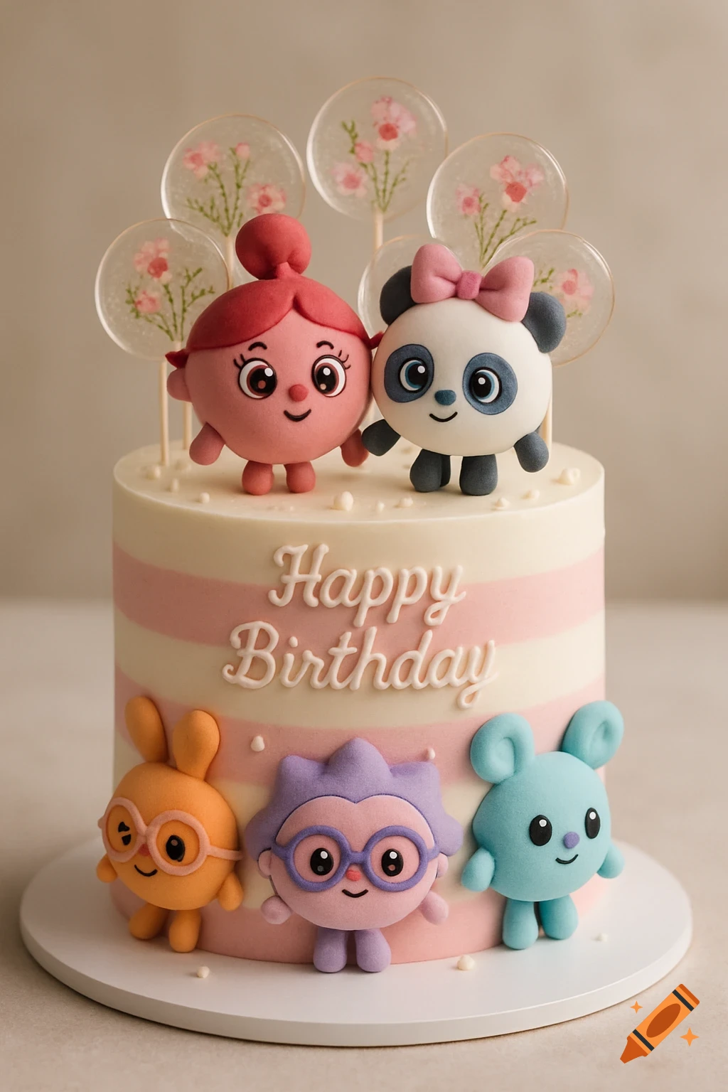 A pastel pink and white birthday cake decorated with fondant BabyRiki characters, topped with clear lollipops with flowers, and 'Happy Birthday' text.