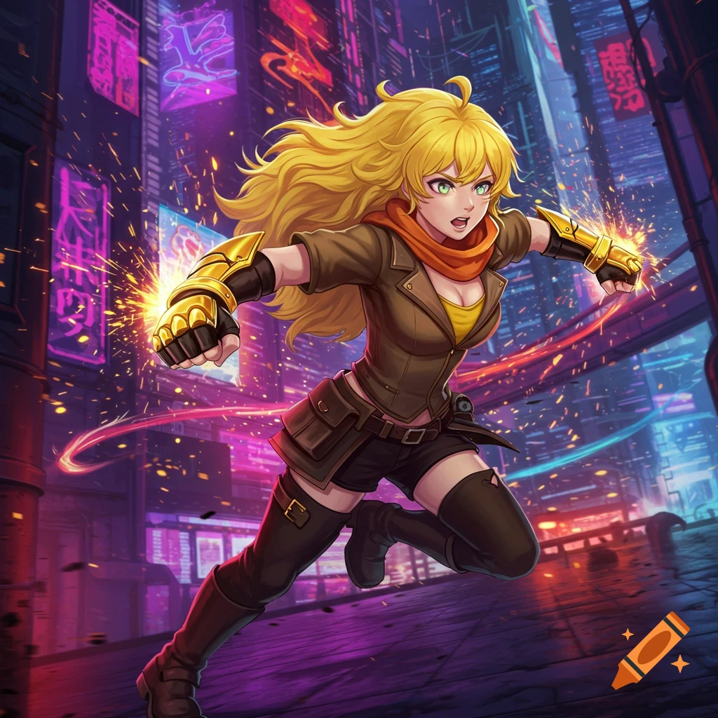 A vibrant anime character with long blonde hair and glowing fists runs through a neon-lit cyberpunk city at night.