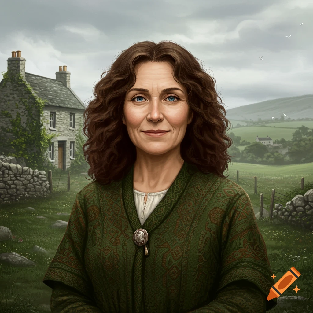 Portrait of a middle-aged woman with curly brown hair in a green tunic, standing in a rural Irish landscape with a stone house.