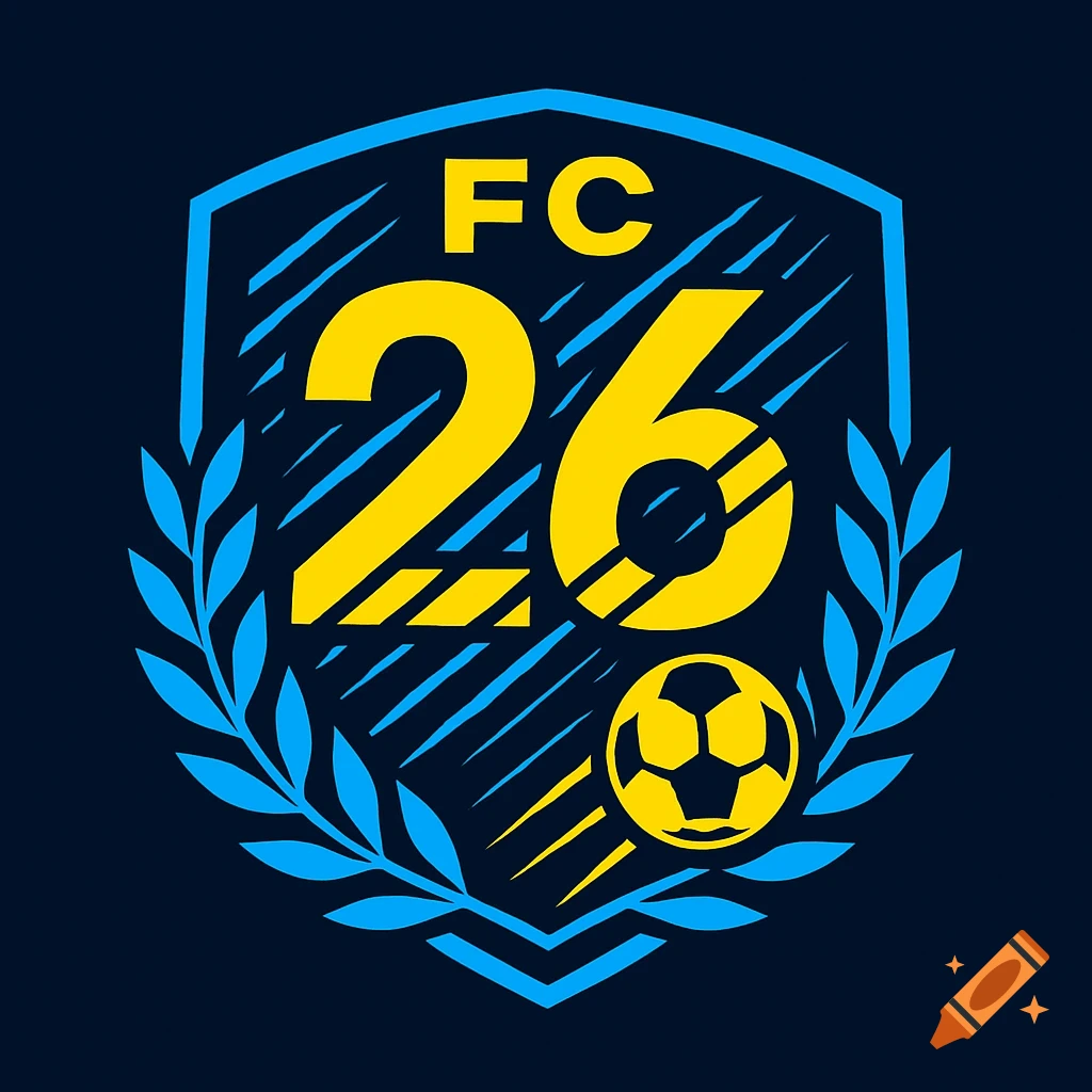 Blue and yellow soccer logo featuring 'FC 26', a soccer ball, and a laurel wreath design.