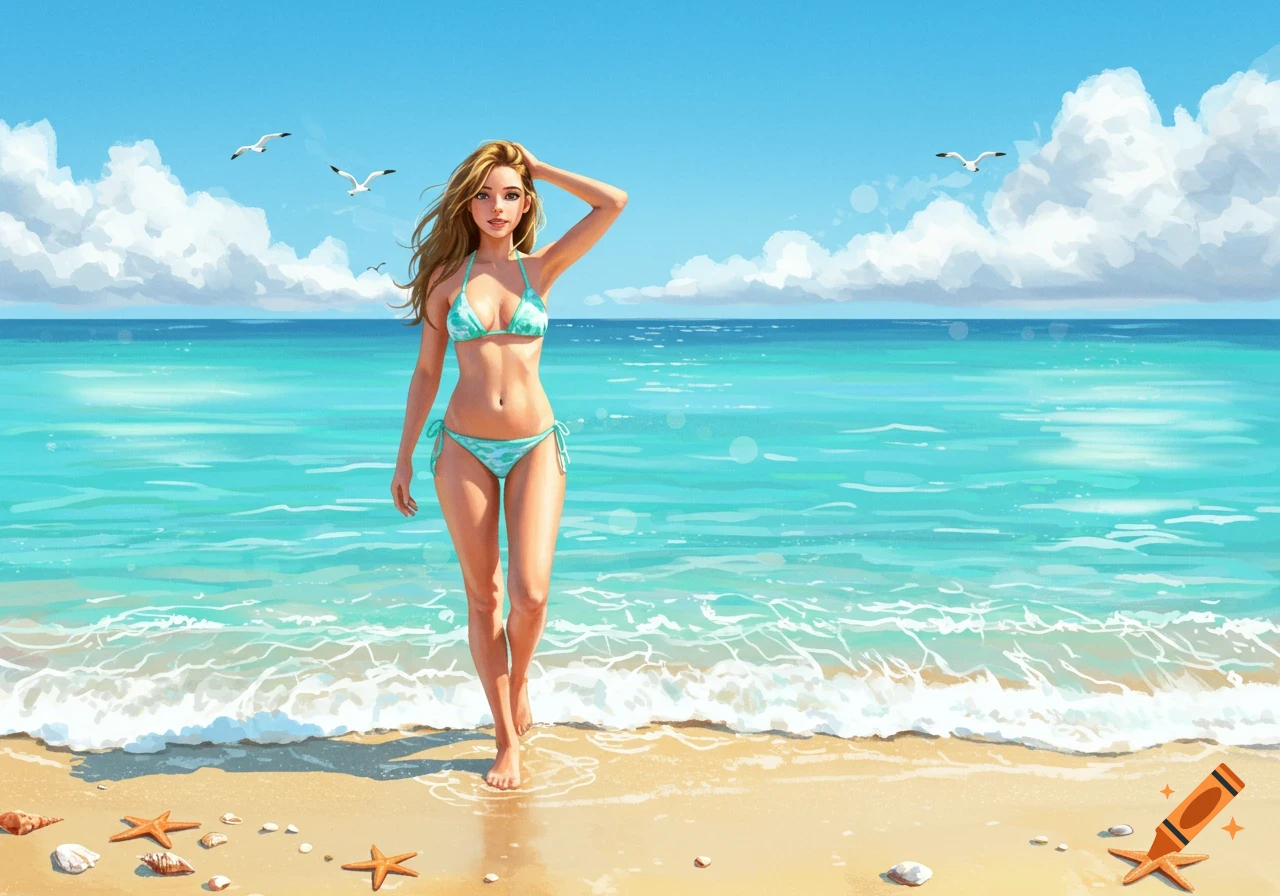 Illustrated woman in a turquoise bikini walking on a sunny beach with clear blue water and seagulls.