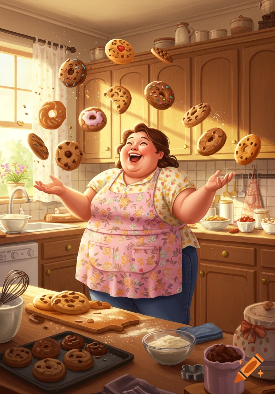 Joyful cartoon woman in a sunny kitchen juggling cookies and donuts, with baking supplies on the counter.