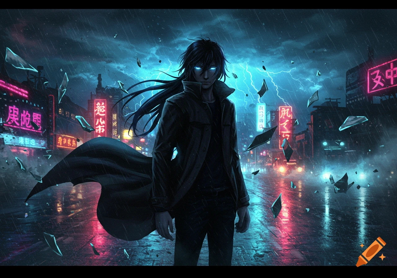 An anime man with glowing blue eyes and long dark hair stands in a rainy cyberpunk city street with neon signs and lightning.
