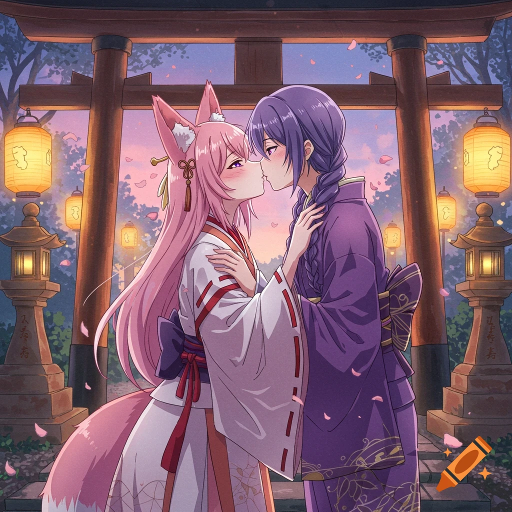 Anime fox girl and purple-haired girl in kimonos kissing at a Japanese shrine with lanterns and falling petals.