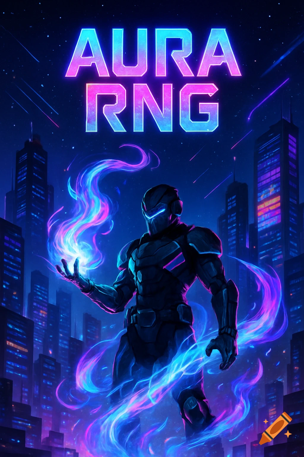 A futuristic armored figure conjuring glowing blue and pink energy in a neon city at night under a starry sky, with 'AURA RNG' title.