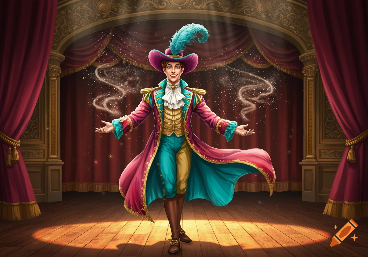 A male circus performer in a vibrant, feathered costume stands on a spotlighted stage with magical sparkles.