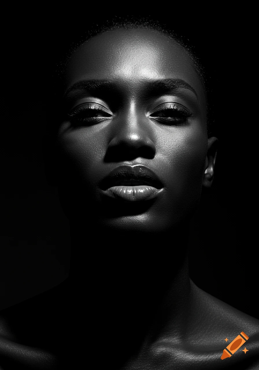A striking black-and-white close-up portrait of a person with smooth, glowing skin and glossy lips, dramatically lit against a dark background.