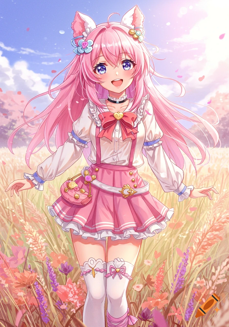 A smiling, pink-haired anime girl with cat ears in a white blouse and pink skirt stands in a sunny field of flowers.