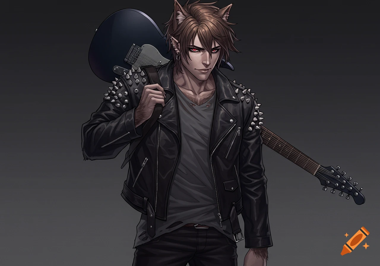 An anime-style young werewolf in a studded leather jacket with an electric guitar slung over his shoulder.