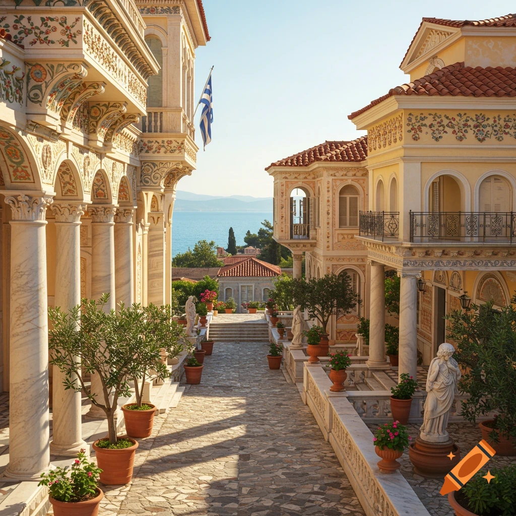 Ornate Rococo buildings in a sunlit Greek cityscape with a cobblestone path, overlooking the sea.