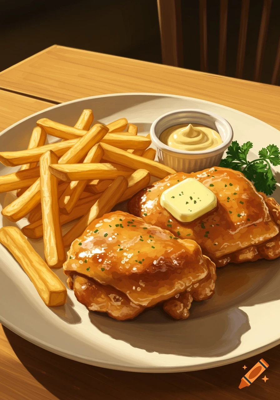 Digital painting of glazed chicken with butter, golden fries, creamy sauce, and parsley on a white plate on a wooden table.