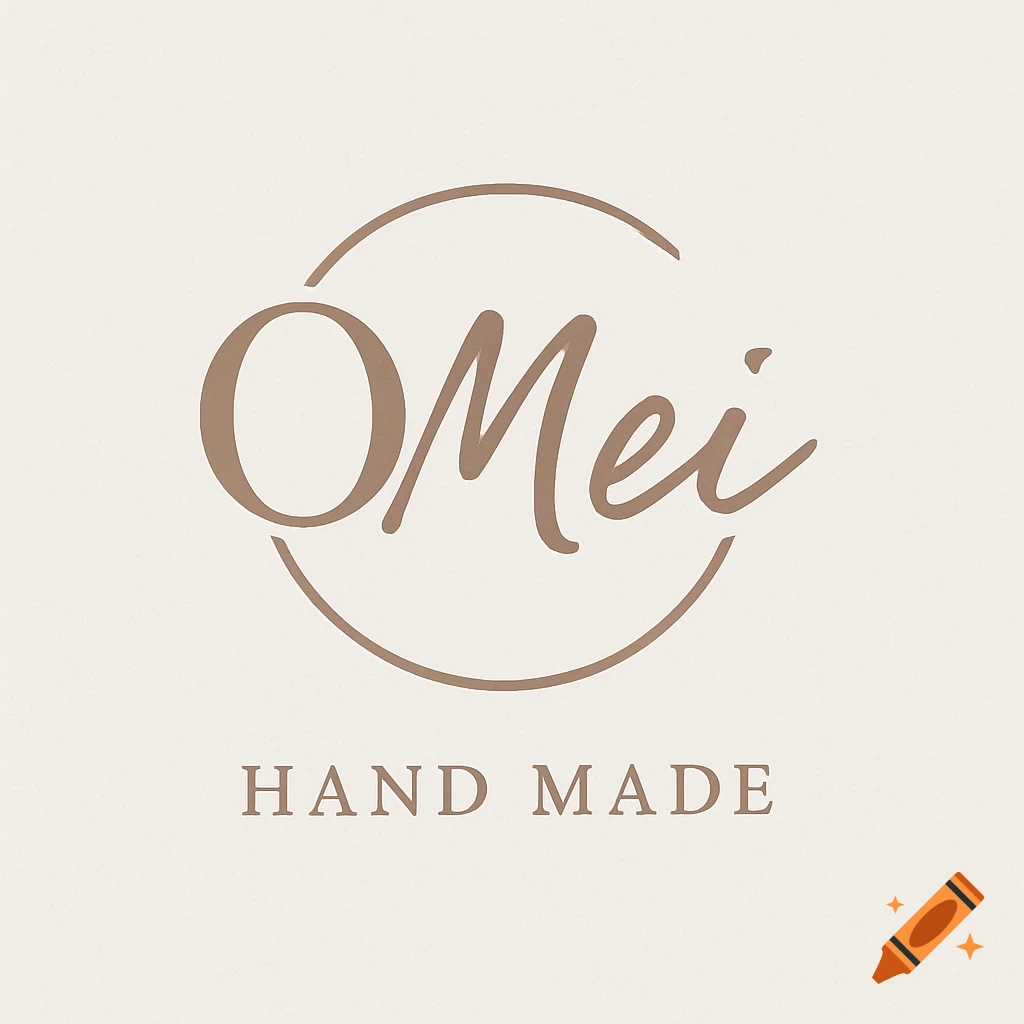 A minimalist logo featuring 'O Mei' in script font within a circle and 'HAND MADE' in block letters below, all in brown on a light beige background.