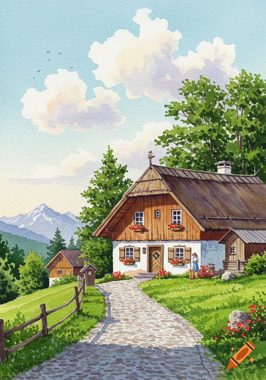 Watercolor painting of a rustic European house with a stone path, green hills, trees, and distant snow-capped mountains.