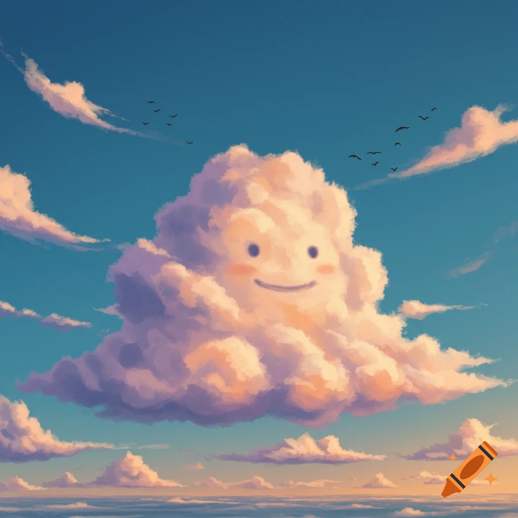 A whimsical illustration of a large, smiling cloud in a blue sky with pink-hued clouds, birds, and an ocean horizon at sunset.