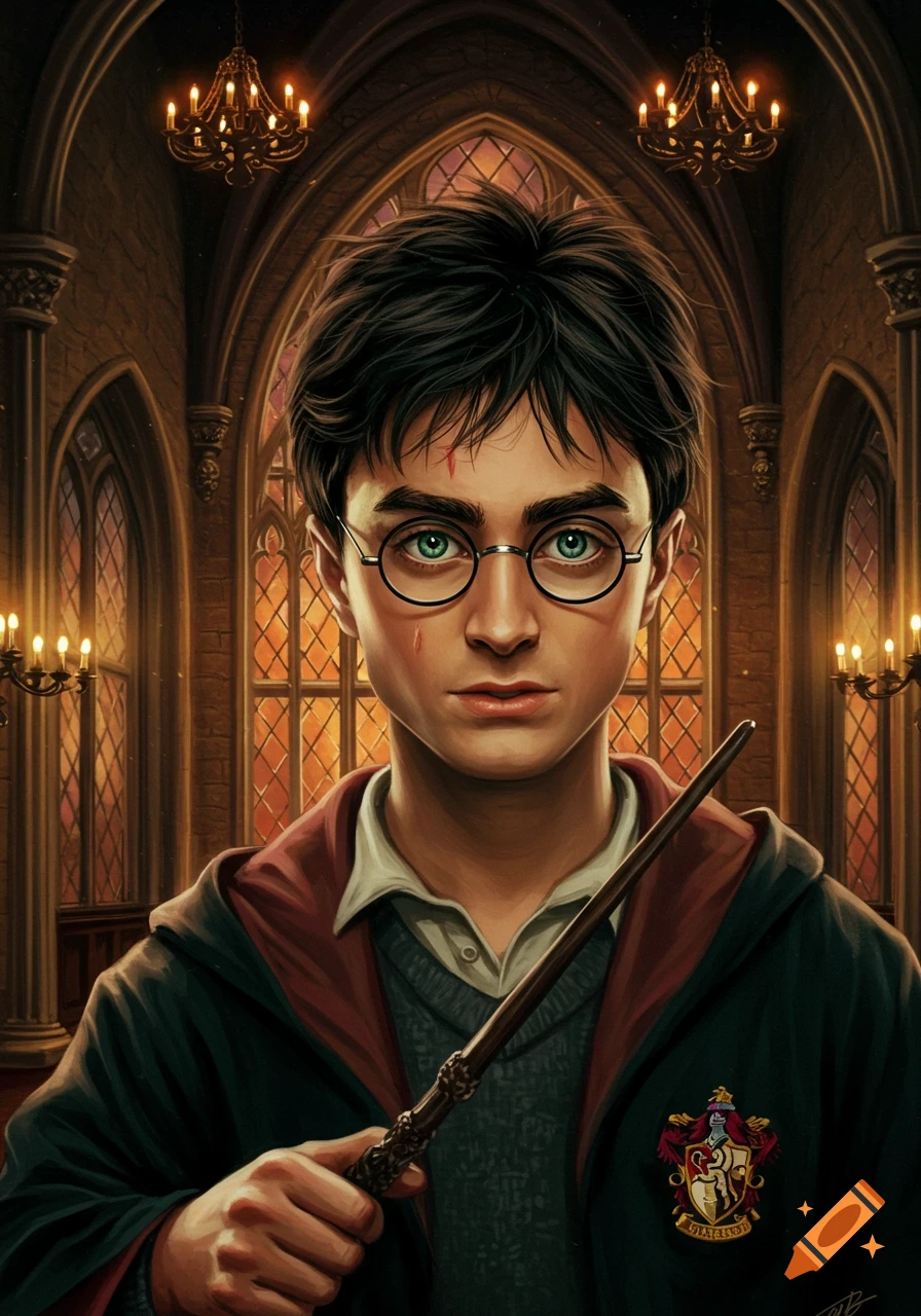 A detailed portrait of Harry Potter in Hogwarts, holding a wand, wearing  glasses and a Gryffindor robe, with a determined expression. on Craiyon, image size:896x1280