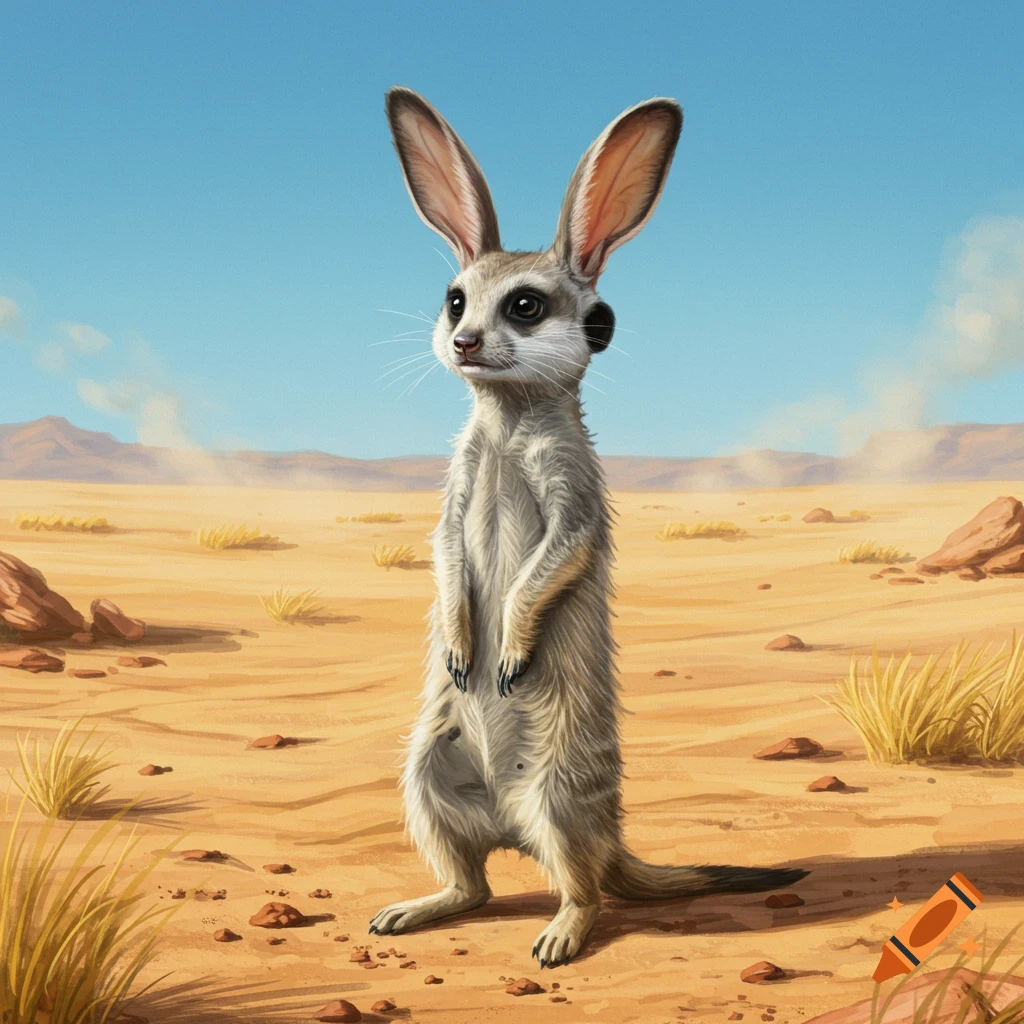 A furry meerkat with large rabbit ears stands upright in a sandy desert under a clear blue sky.
