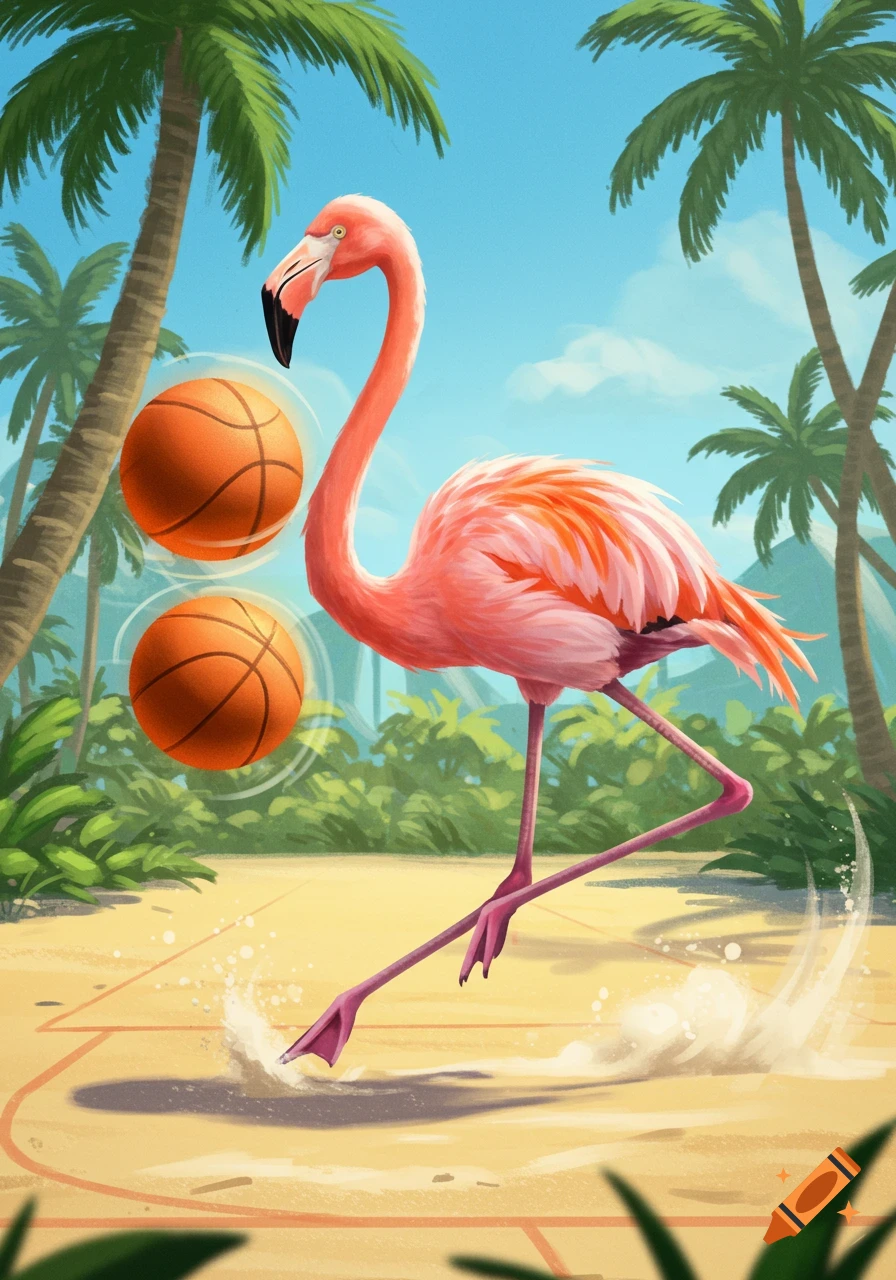 An illustrated pink flamingo runs on a sandy basketball court with two basketballs floating nearby, palm trees in the background.