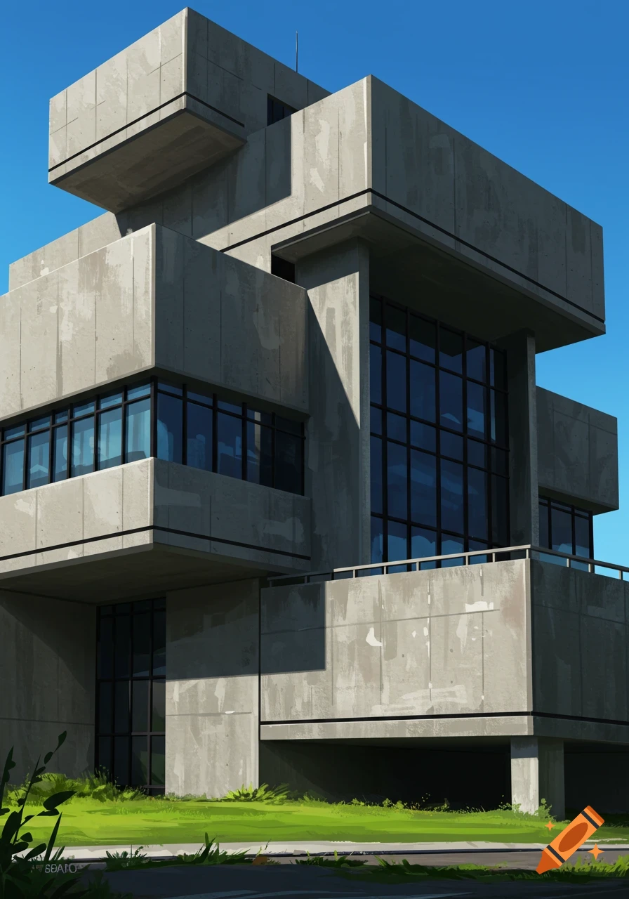 A modern brutalist concrete building with large dark windows stands against a clear blue sky, with green grass in the foreground.