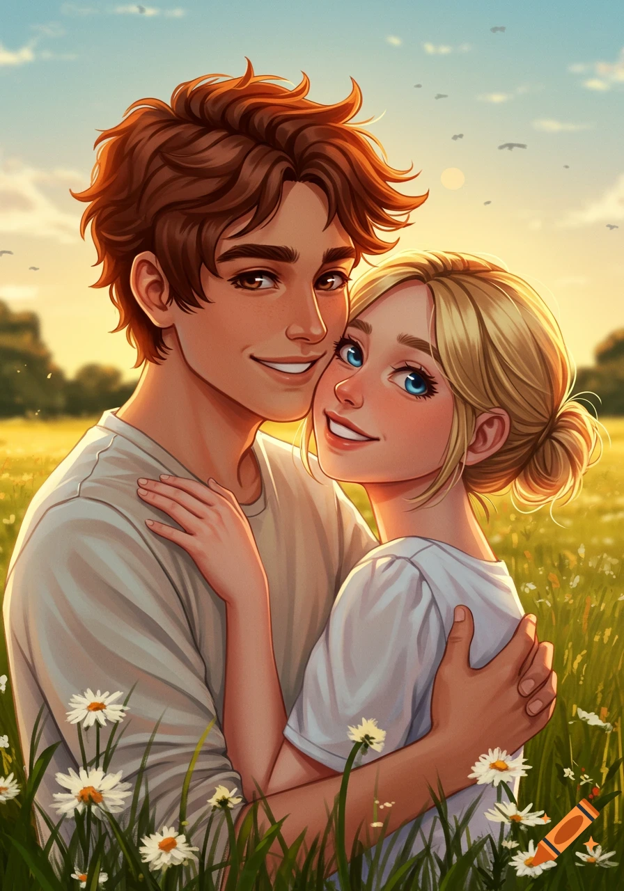 A smiling cartoon couple embraces in a sunny wildflower field.