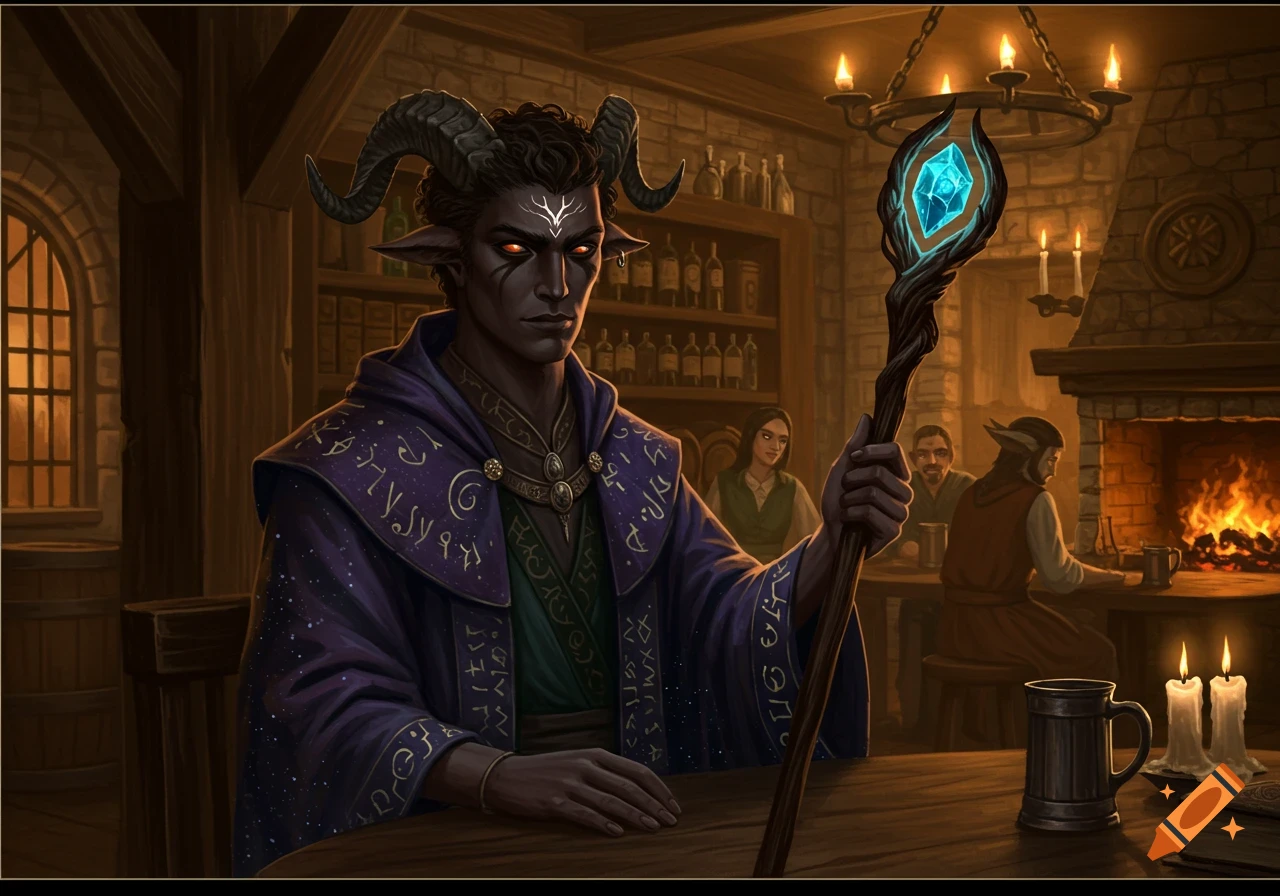 A dark-skinned male wizard with horns, glowing red eyes, and a purple, rune-covered robe holds a glowing staff in a fantasy tavern.