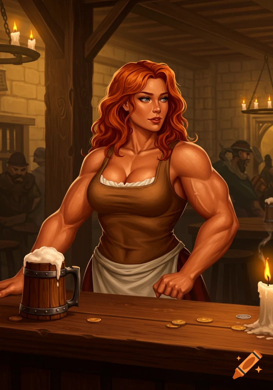 A muscular redhead barmaid stands behind a wooden bar in a bustling medieval tavern, a mug of beer in front of her.