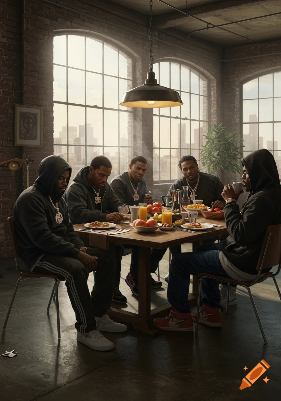 Five men in hoodies and jewelry gather around a table for brunch in a loft apartment with city views.