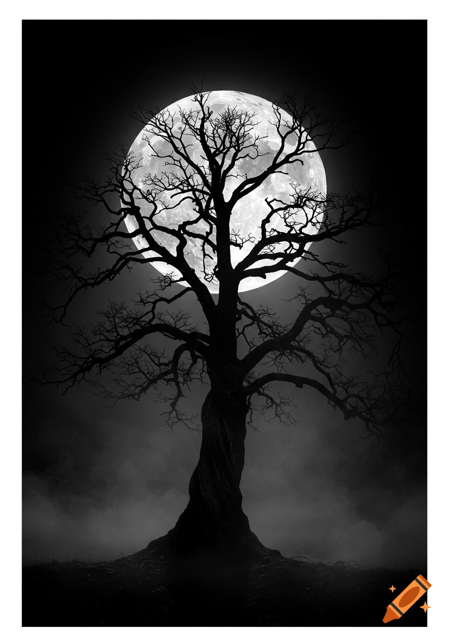 A gothic bare tree silhouetted against a large full moon, in a dark, black and white misty scene.