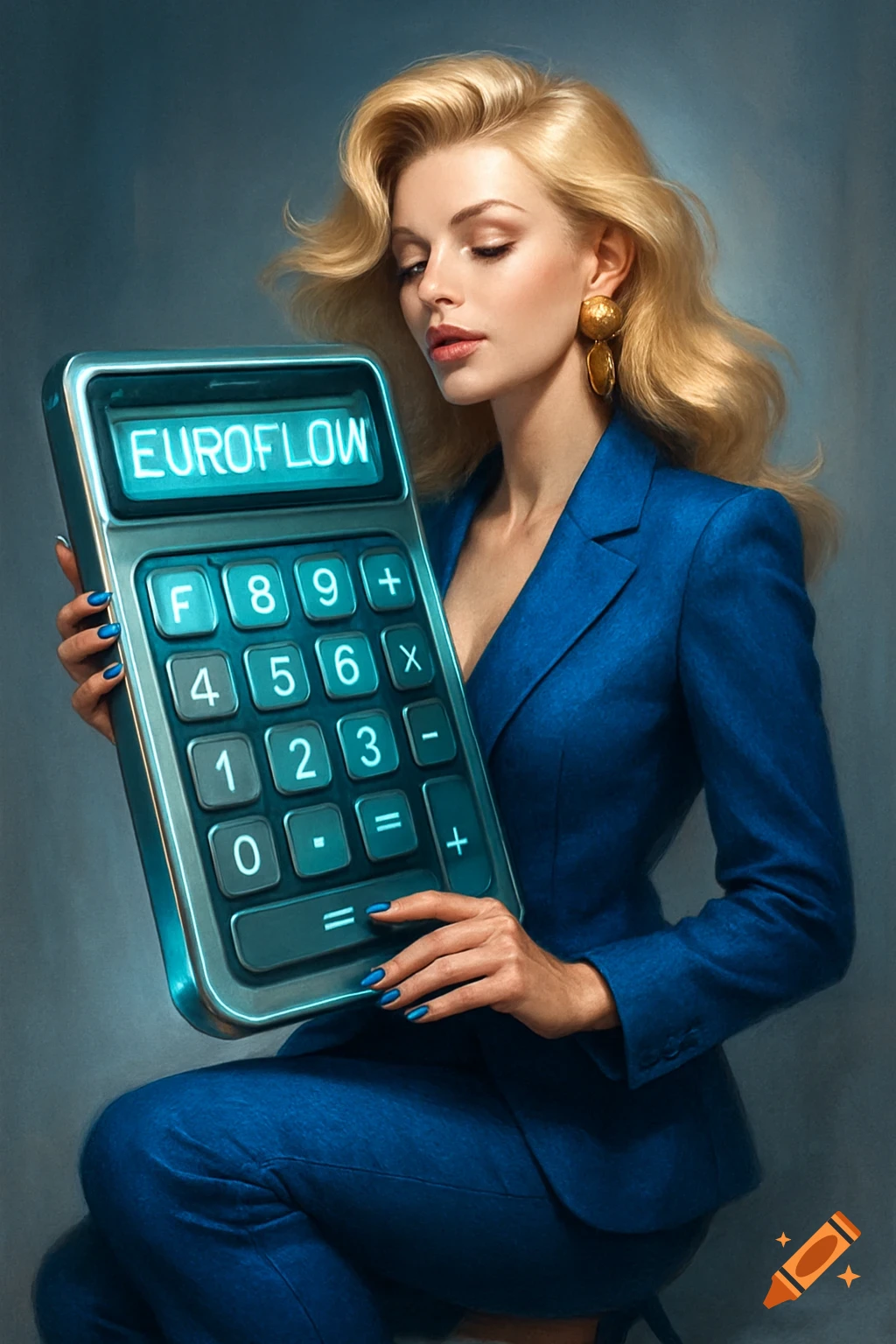 Blonde woman in a blue suit and blue nail polish, holding a large futuristic calculator displaying 'EUROFLOW'.