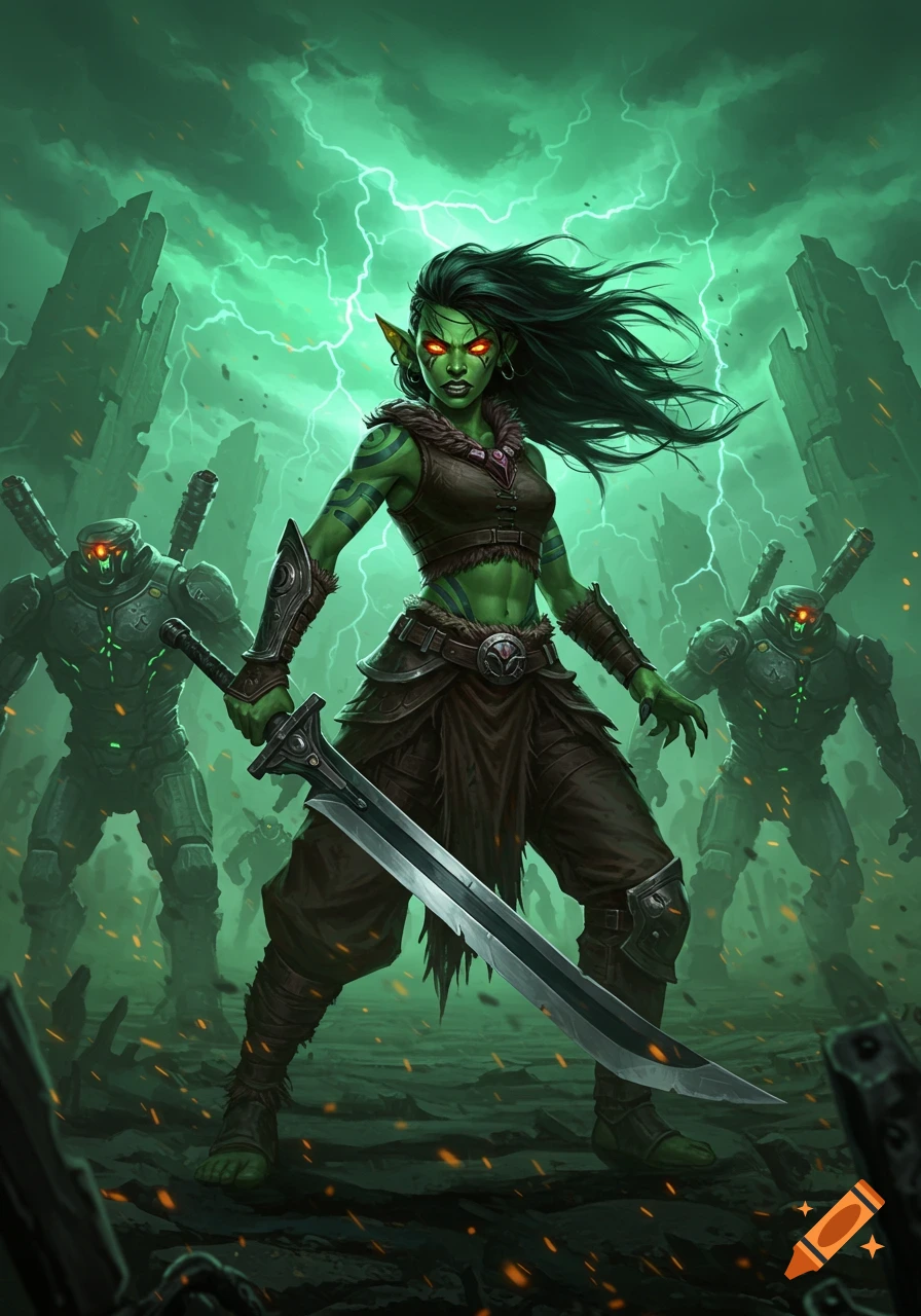 Green-skinned female warrior with red eyes and dark hair holding a broadsword, facing robots under a stormy green sky with lightning.