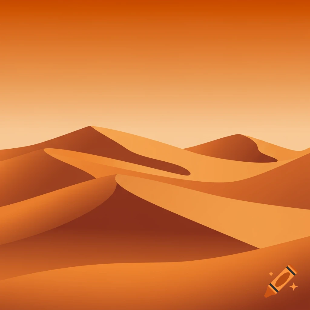 A minimalist vector art desert landscape with smooth orange and brown sand dunes under a gradient sky.