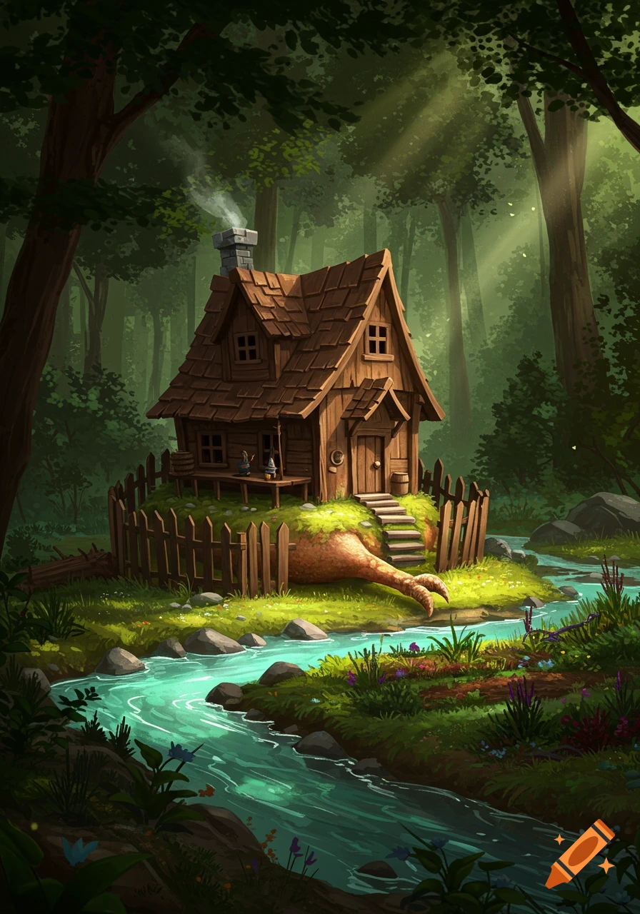 A whimsical wooden witch's house on a giant chicken leg, nestled in a dense, sun-dappled forest with a winding stream.