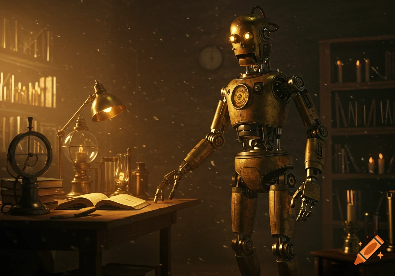 A brass steampunk robot with glowing eyes stands by a lamp-lit desk with an open book in a dusty study, photorealistic.