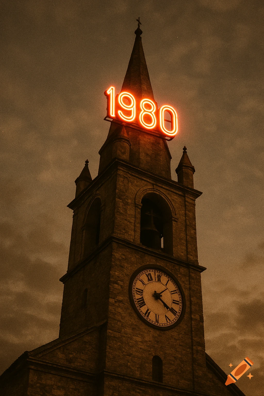 A sepia-toned low-angle view of a stone church tower with a clock face and a glowing orange neon sign reading "1980" at the top.