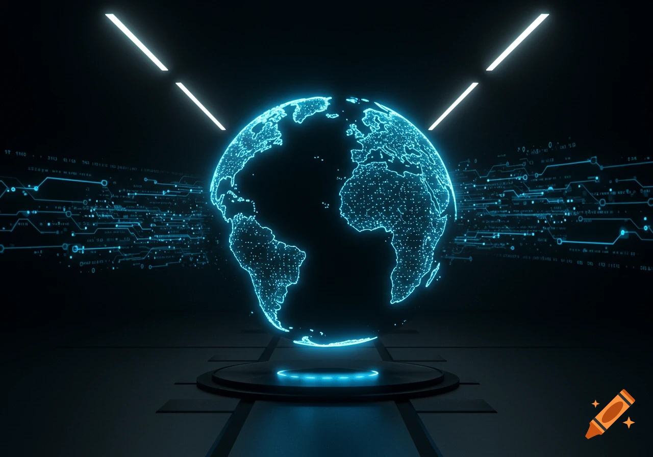 A glowing blue wireframe globe showing continents, surrounded by intricate digital data streams and bright neon lights in a dark, high-tech room.