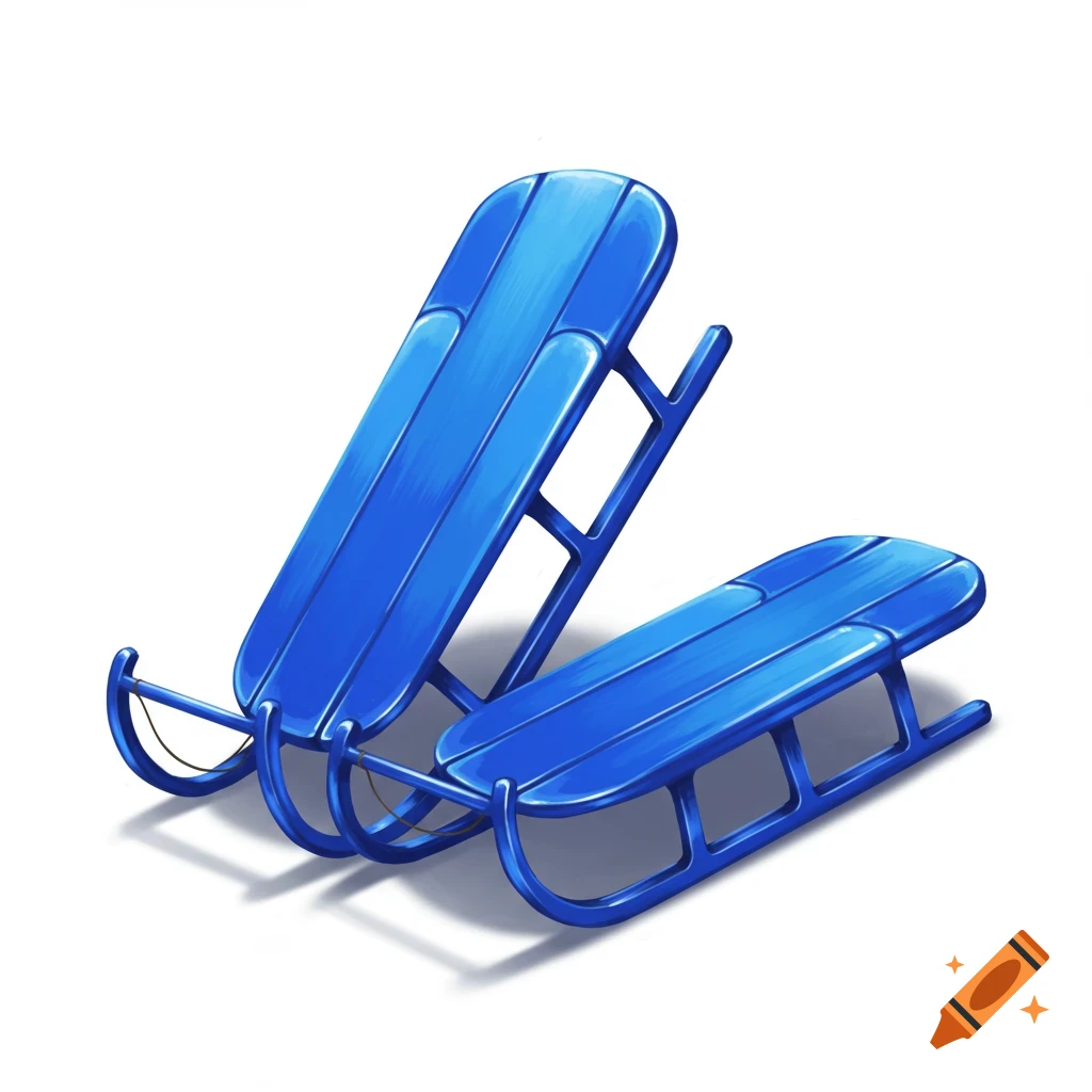 Two blue sleds with a glossy finish are positioned on a white background, one upright and one flat.