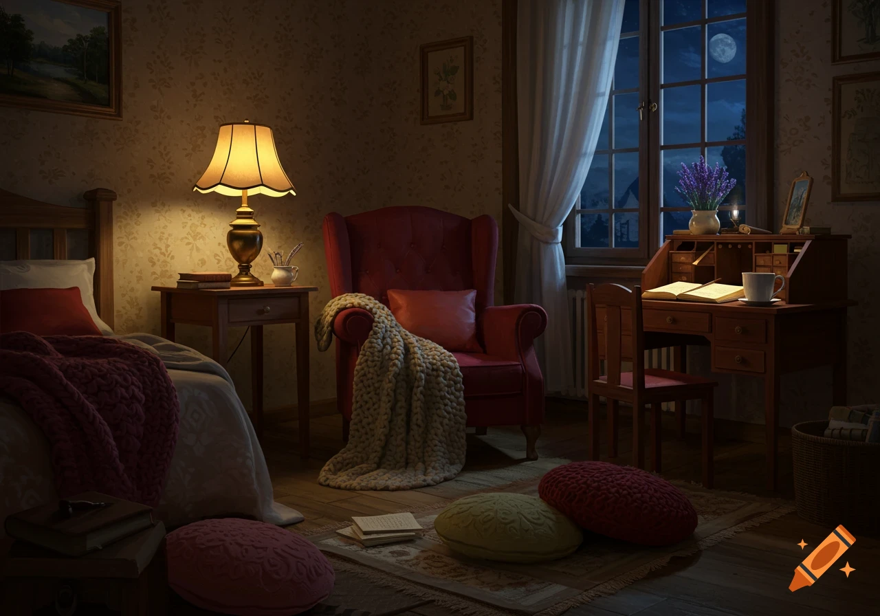 A cozy, moonlit bedroom interior with a bed, armchair, and writing desk, illuminated by a table lamp.