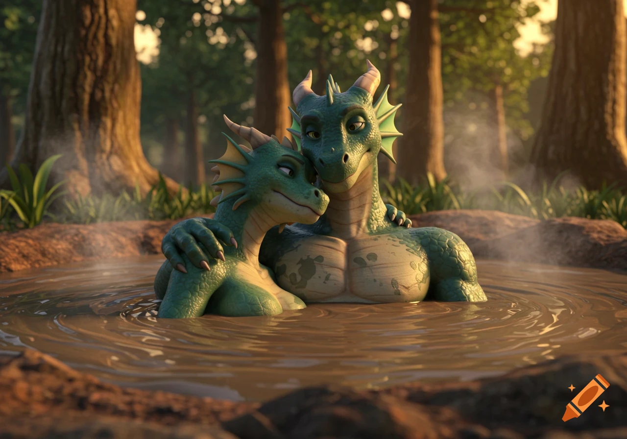 Two green anthropomorphic dragons happily embracing in a muddy hot tub in a forest, 3D animation.