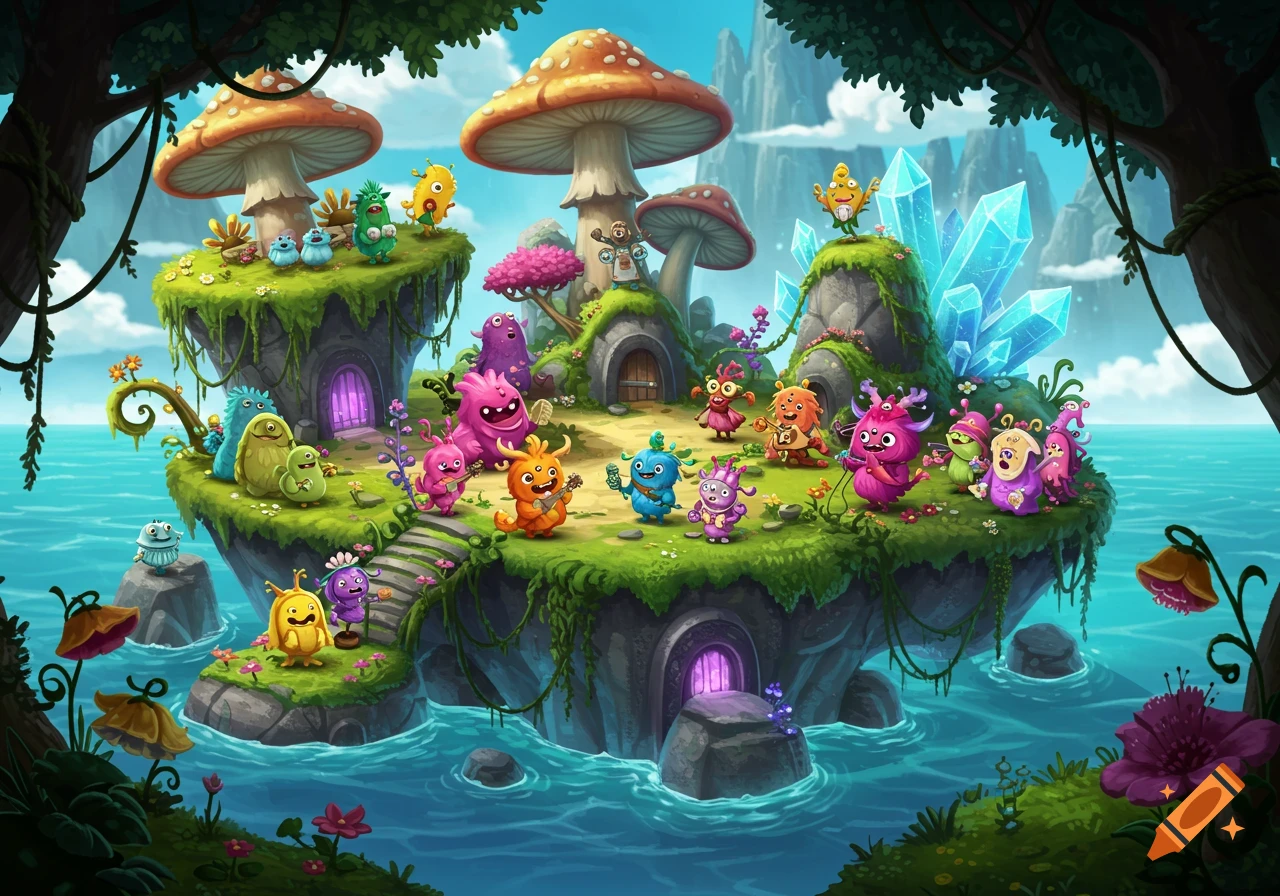 A vibrant, cartoonish island with colorful, whimsical monster-like creatures playing instruments amidst large mushrooms and blue crystals.