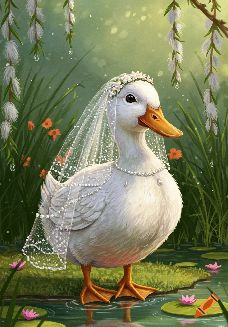 A charming illustration of a white duck wearing a wedding veil and pearl necklace, standing in a pond among lily pads and reeds.