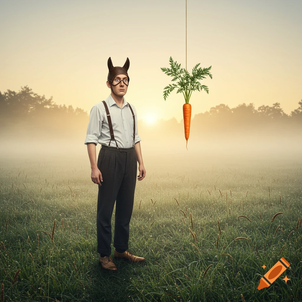 A man wearing a brown bunny mask and suspenders stands in a misty field, looking up at a carrot dangling from a string.