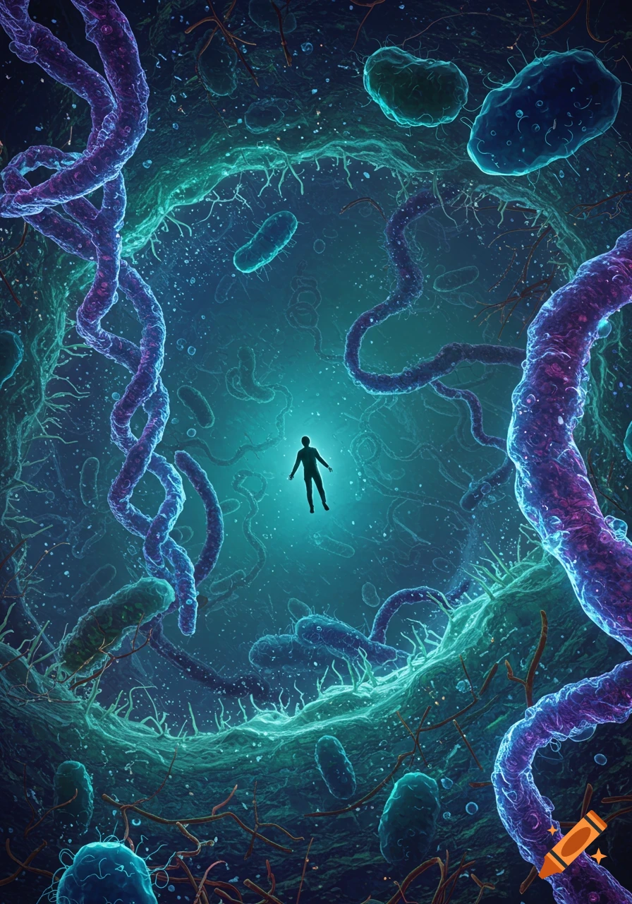 A small human silhouette floats in a vibrant, glowing microscopic world surrounded by DNA strands and bacteria, cinematic illustration.