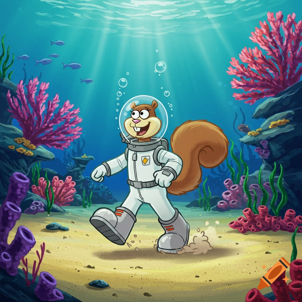 Cartoon Sandy Cheeks in an astronaut suit walks on the ocean floor surrounded by colorful coral and fish.