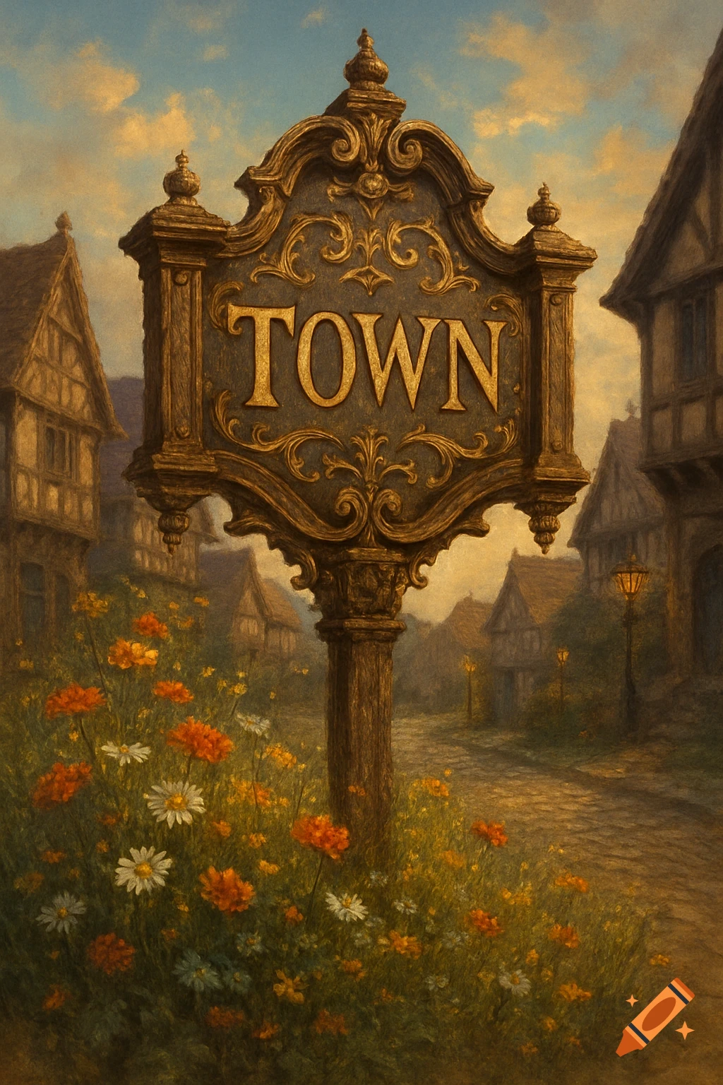 A vintage, ornate sign with "TOWN" written on it stands amidst wildflowers in a quaint village street scene.