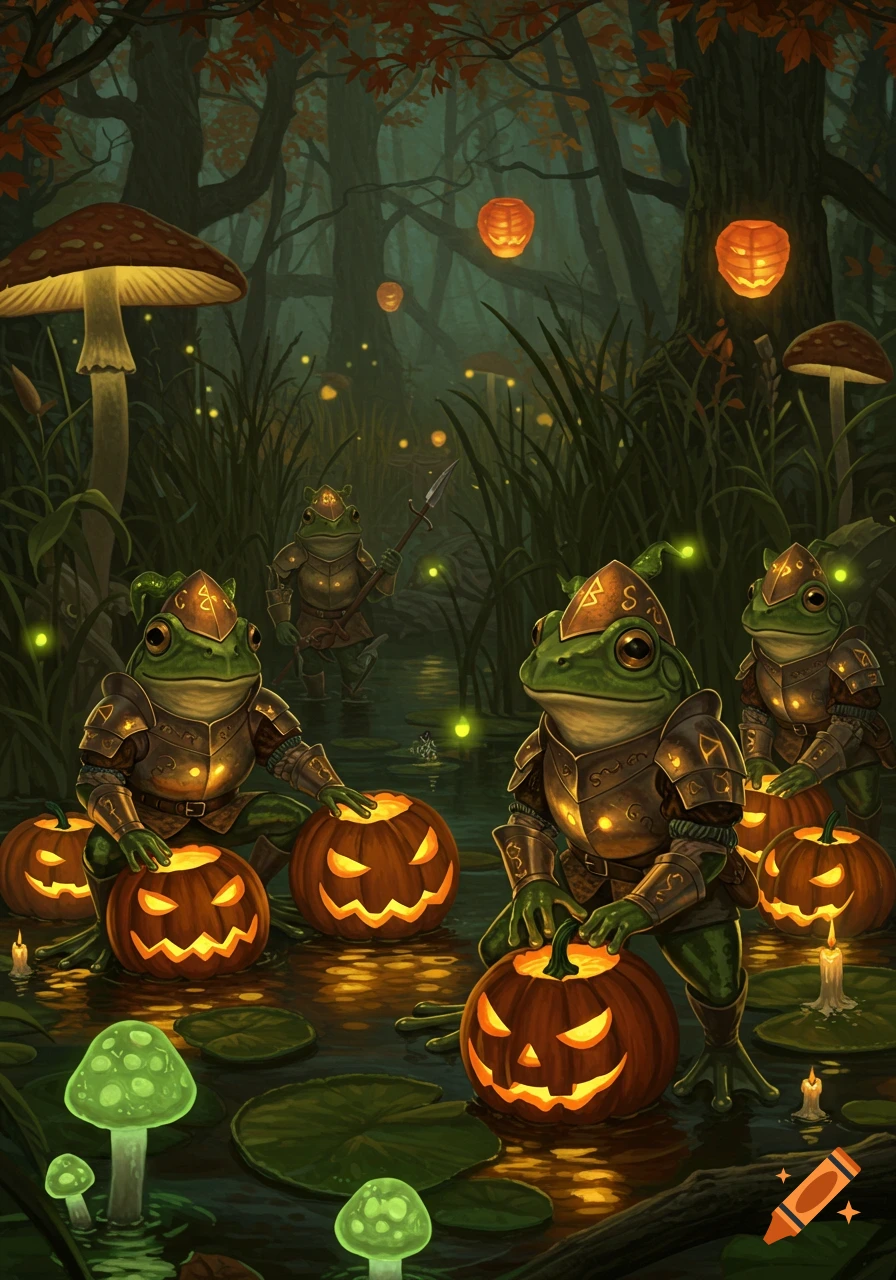 Fantasy illustration of armored frog soldiers in a swampy forest, illuminating jack-o'-lanterns and mushrooms, with fireflies in the background.